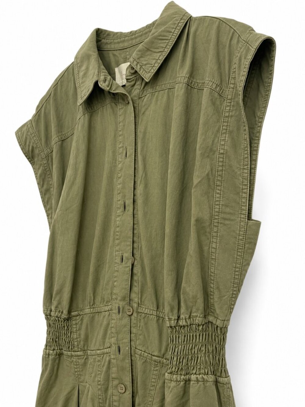 Anthropologie Green Button Front Elastic Waist Pocket Cinched leg Jumpsuit Large - Picture 3 of 10